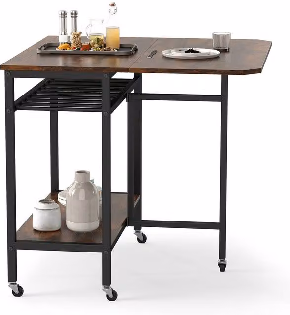 Gymax Expandable Industrial Dining Table with Wine Rack and Castors in Brown