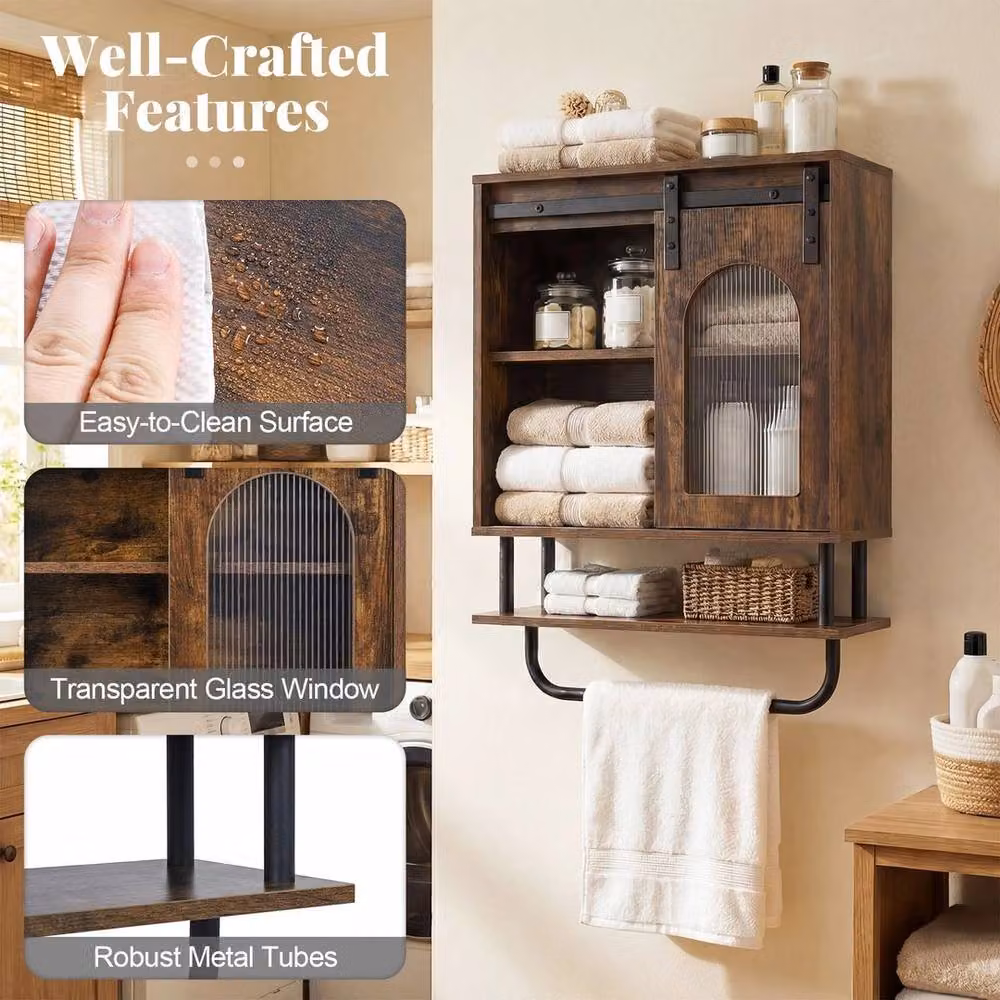 EONLION Industrial Brown Wall Mounted Bathroom Cabinet with Glass Sliding Doors and Internal Shelves – 3