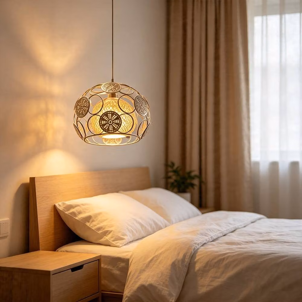 INMTFEI Boho Rattan Pendant Light, White Hollow Cage Hanging Lamp with E27 Socket – 3