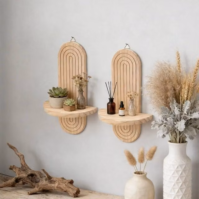 EONLION Set of 2 Brown Pine Floating Wall Shelves – 1