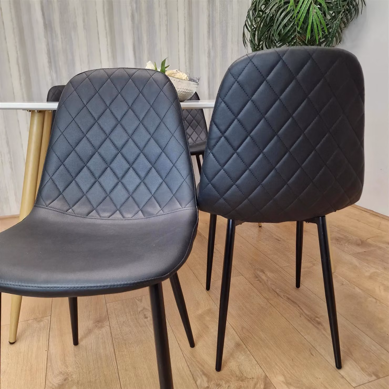 KOSY KOALA Modern White Rectangular Dining Table and 4 Black Geometric Pattern Chairs Set – 2