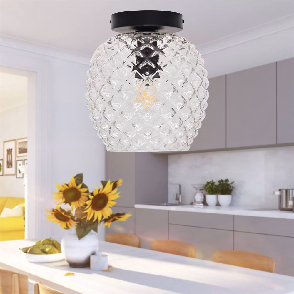 First Choice Lighting Baine Black and Transparent Glass Round Ceiling Light Fitting – 3