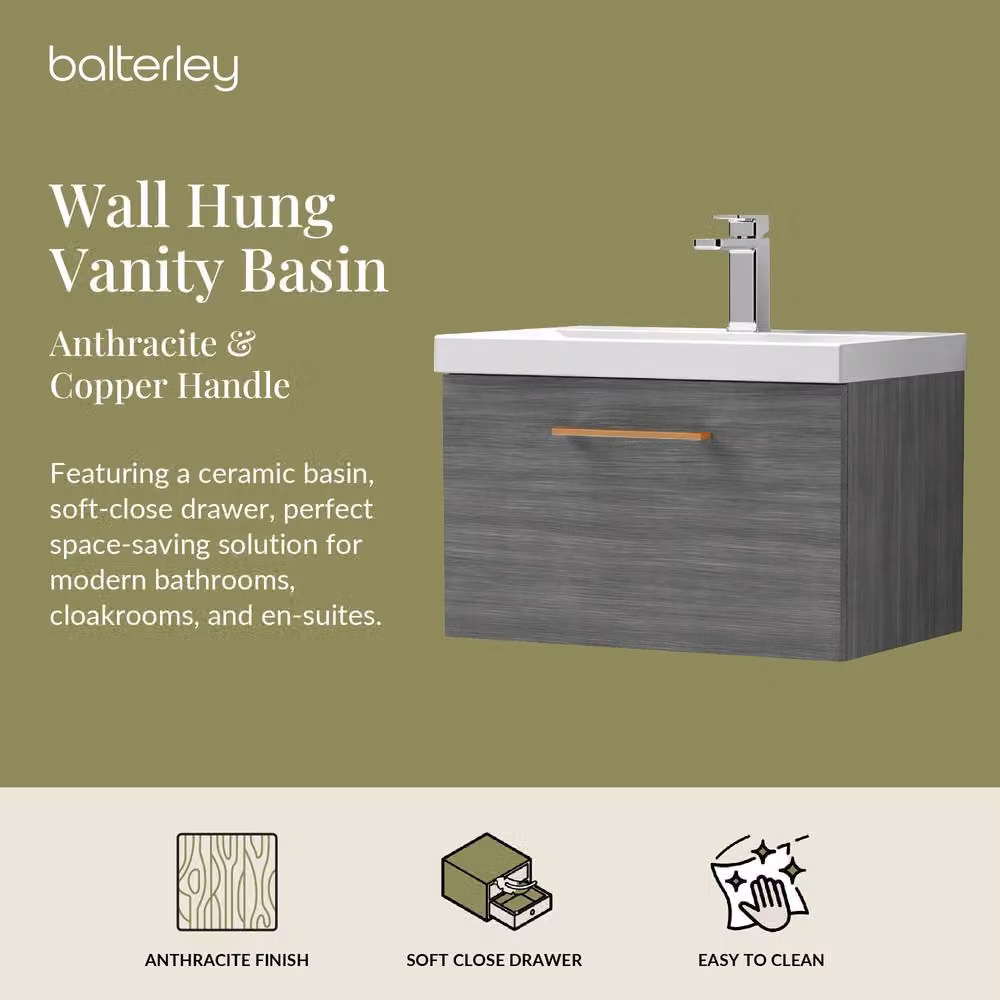 Balterley 600mm Wall Hung 1 Drawer Vanity in Woodgrain Anthracite Grey with Copper Handle – 2