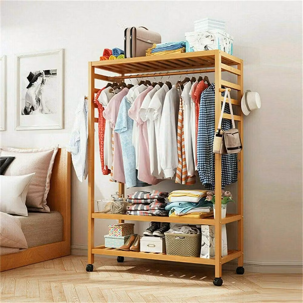 ERGOVEXA Rolling Clothes Rack, Natural Bamboo Open Wardrobe with Continuous Linear Rail, W/D/H: 78 x 37 x 165 cm – 4