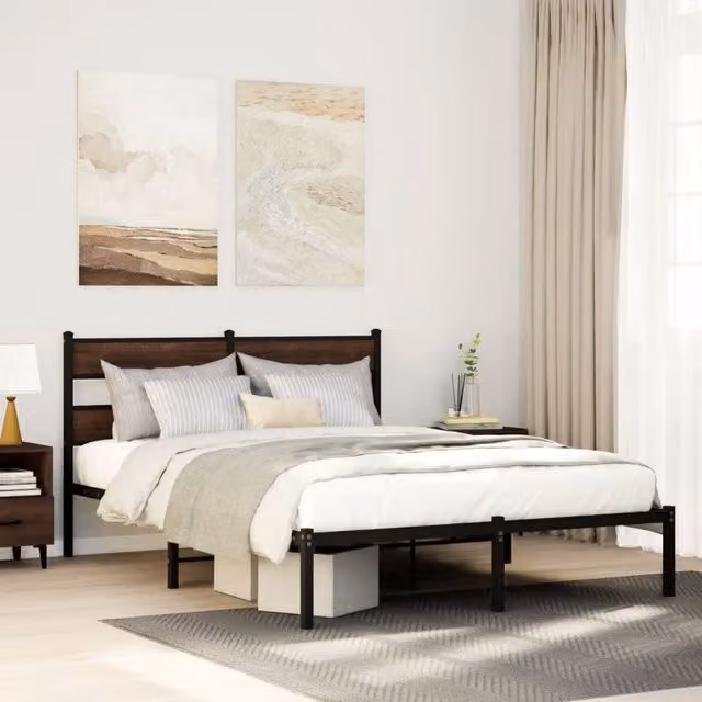Berkfield Home Bed Frame with Headboard in Brown Oak, W: 140 cm, L: 200 cm