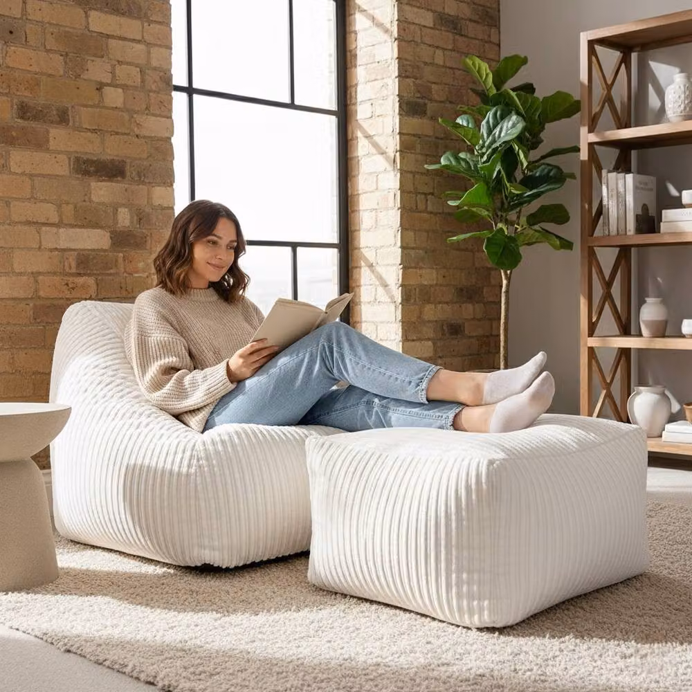 rucomfy Large Snuggle Bean Bag Chair for Adults in Ivory Jumbo Cord – 3