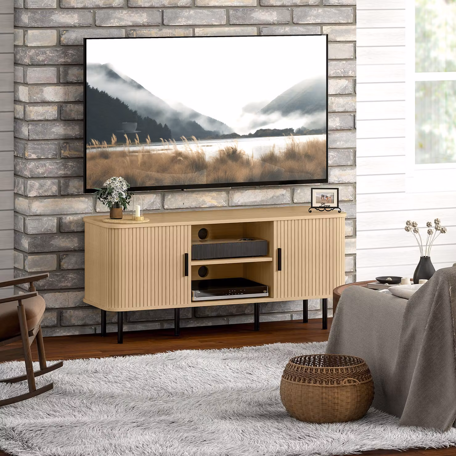 HOMCOM TV Stand Cabinet in Oak Tone for TVs up to 55 Inches with Storage Shelves and Cupboard – 5
