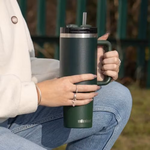 Milestone Camping 40oz Insulated Stainless Steel Tumbler with Straw, Handle and Lid in Green – 3