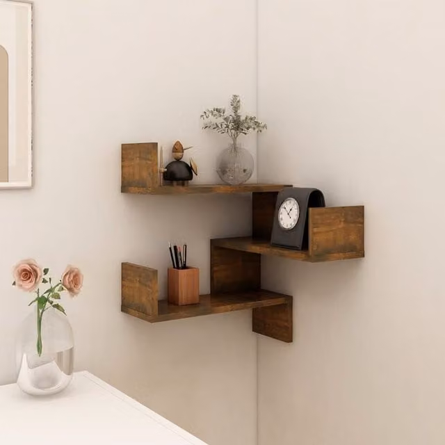 Berkfield Home Wall Mounted Corner Shelf in Smoked Oak Brown, W/D/H: 40 x 40 x 50 cm
