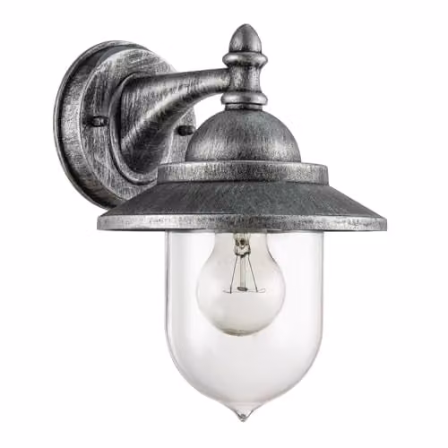 Happy Homewares Classic Style Outdoor Metal Wall Lamp Lantern in Brushed Black and Silver with Transparent Polycarbonate Shade, W/D/H: 27 x 18 x 22 cm
