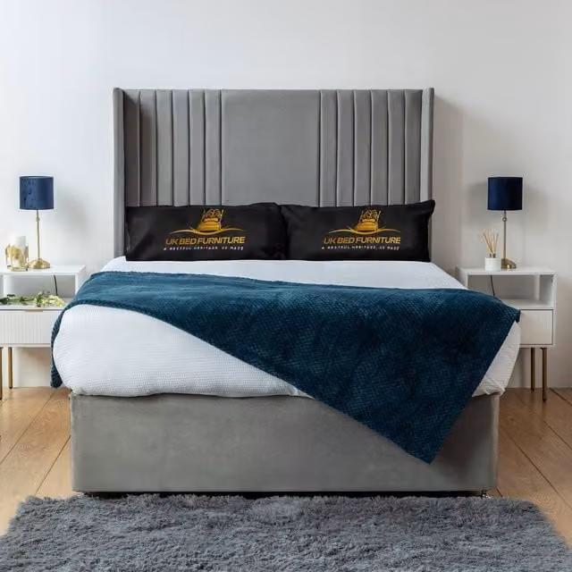 UK Bed Furniture Skyline Wingback Divan Bed Base with 54 Inch Headboard in Grey, Super King, W/D/H: 200 x 200 cm