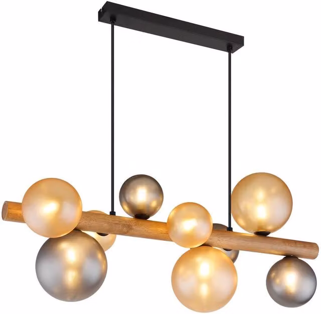 Netlighting Riha Bar Pendant Ceiling Light in Matt Black with Amber Glass Shades, 9x G9 LED