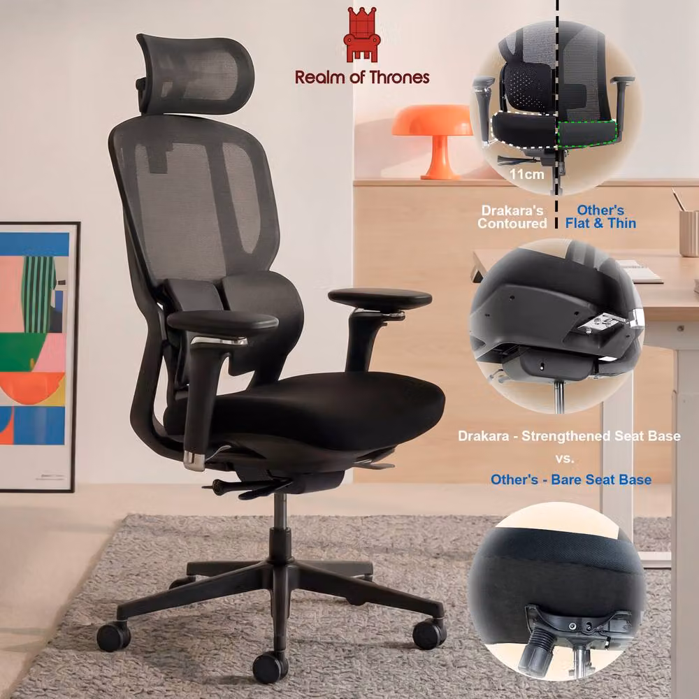 Realm of Thrones Ergonomic Black Mesh and Fabric Office Chair with Headrest and 4D Armrests – 7