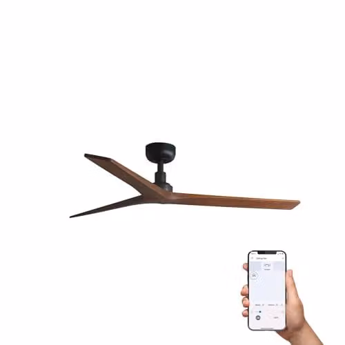 Netlighting Klim Medium 3 Blade Ceiling Fan, Matt Black and Brown Wood, Diameter: 125 cm, Tuya Smart System