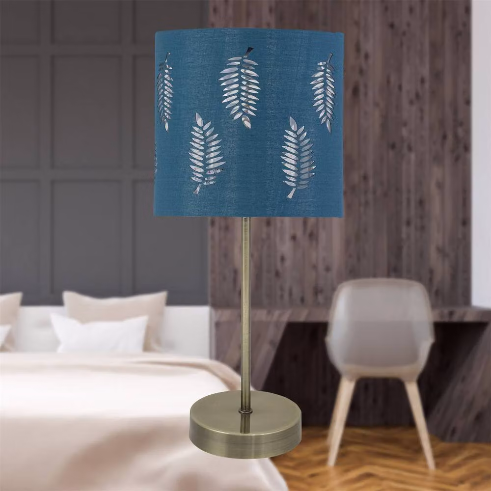 First Choice Lighting Antique Brass Stick Table Lamp with Teal Fern Cut Out Fabric Shade – 5