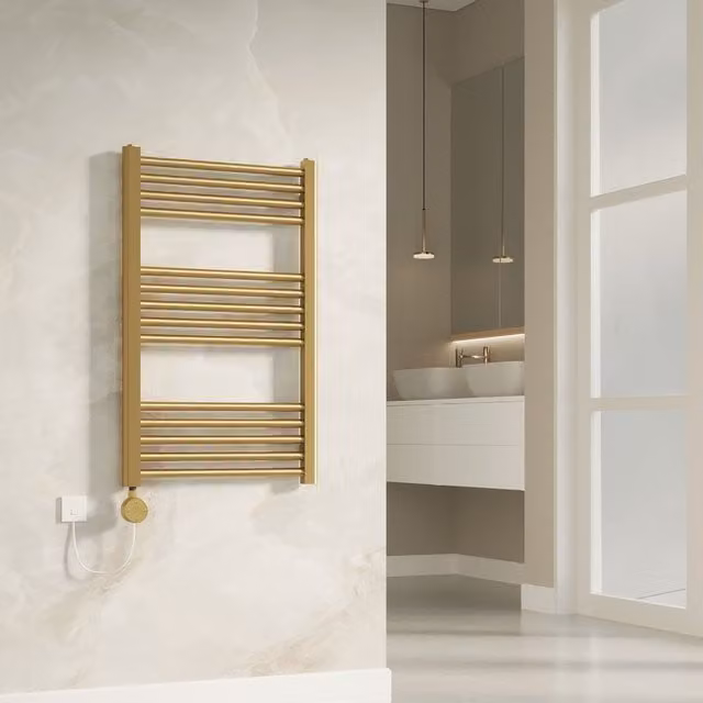 Banyetti Aureli Brushed Brass Electric Ladder Towel Rail Radiator in Gold W/H: 80 x 80 cm