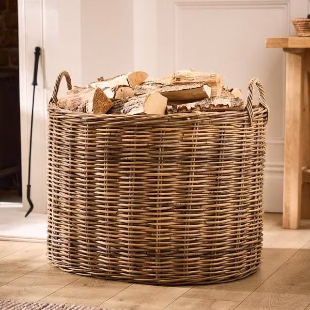 Dibor Azara Oval Log Basket XXL in Natural Brown Rattan, H56 x L71 x W57 cm