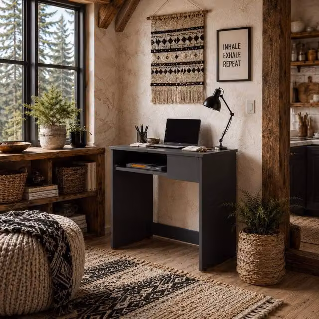 Wyld Haus Rami Grey Compact Computer Desk with Keyboard Tray and Drawer Storage, W: 80 cm, H: 75 cm, D: 52 cm