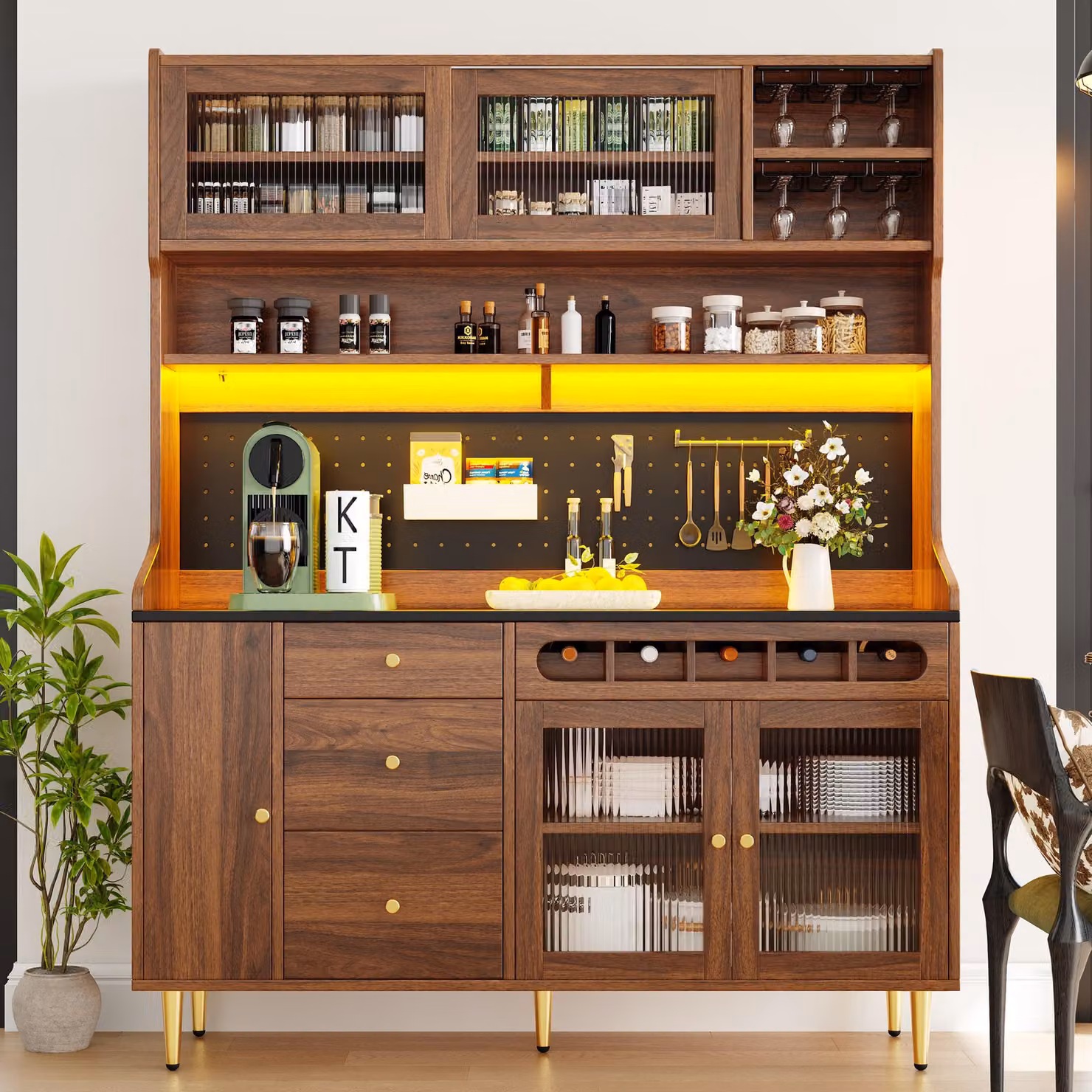 Aosom UK Modern Freestanding Highboard with LED Lighting and Glass Doors in Brown, W: 39 cm, D: 39 cm, H: 171 cm – 6