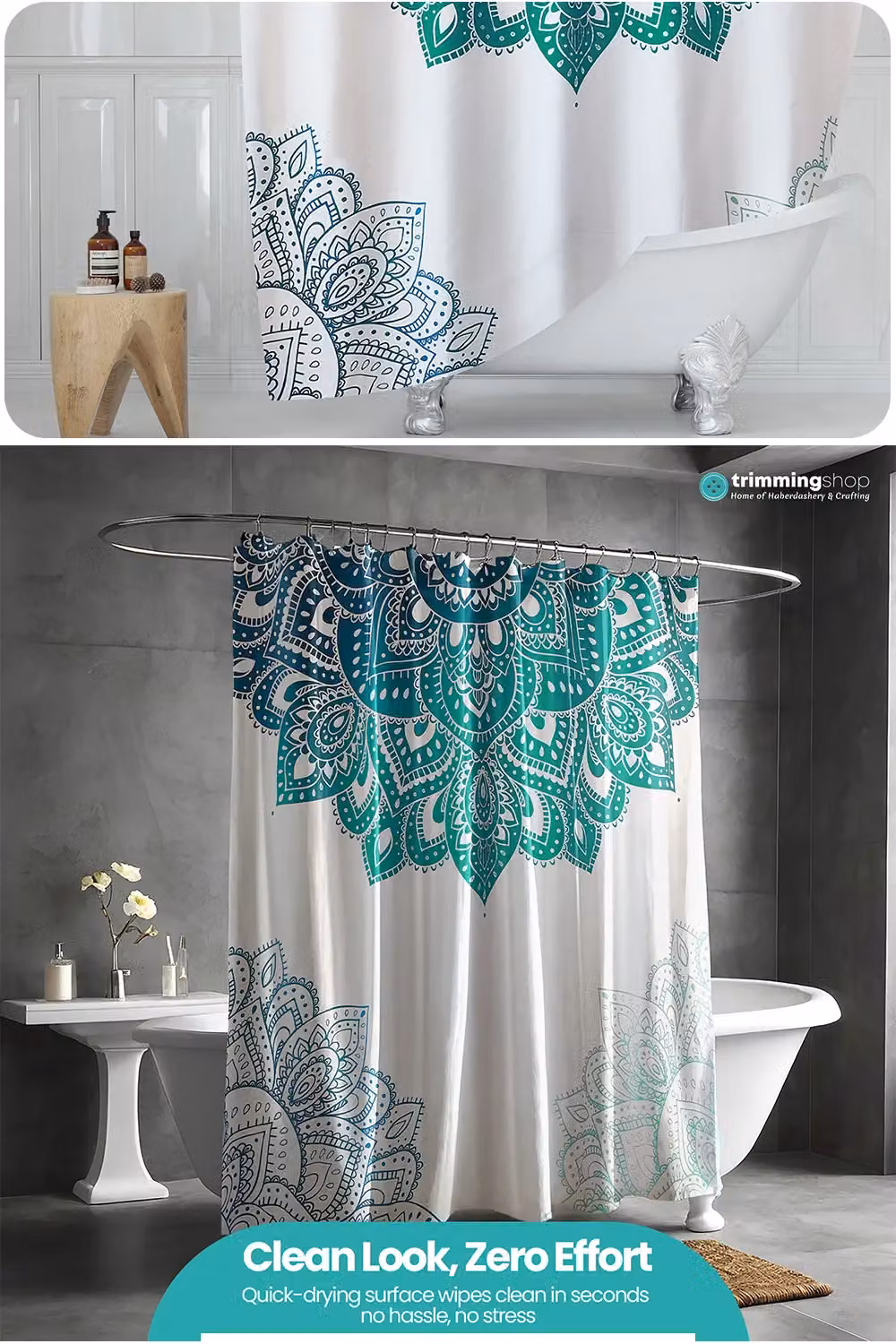 Neel Blue Mandala Flower Waterproof Polyester Bathroom Shower Curtain in Green and Blue, W: 180 cm, H: 200 cm – 4