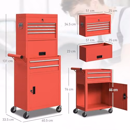 HOMCOM Lockable 3-in-1 Rolling Tool Chest with 6 Drawers in Red – 3