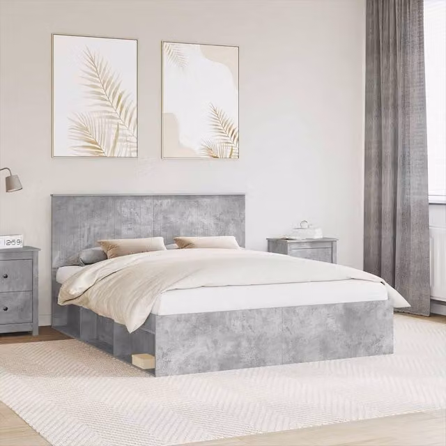 Berkfield Home Modern Bed Frame with Headboard in Grey, Solid Pine and Engineered Wood, W/D/H: 160 x 200 cm
