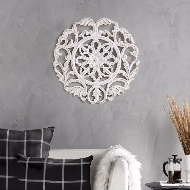 MH London Lassi Medallion Hand Carved White Floral Wood Wall Plaque