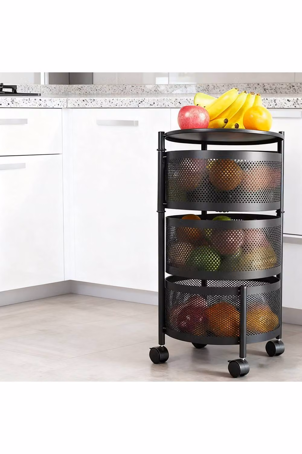 Living and Home XL Kitchen Storage Organiser with Rotating Metal Baskets and Castors in Matt Jet Black – 4