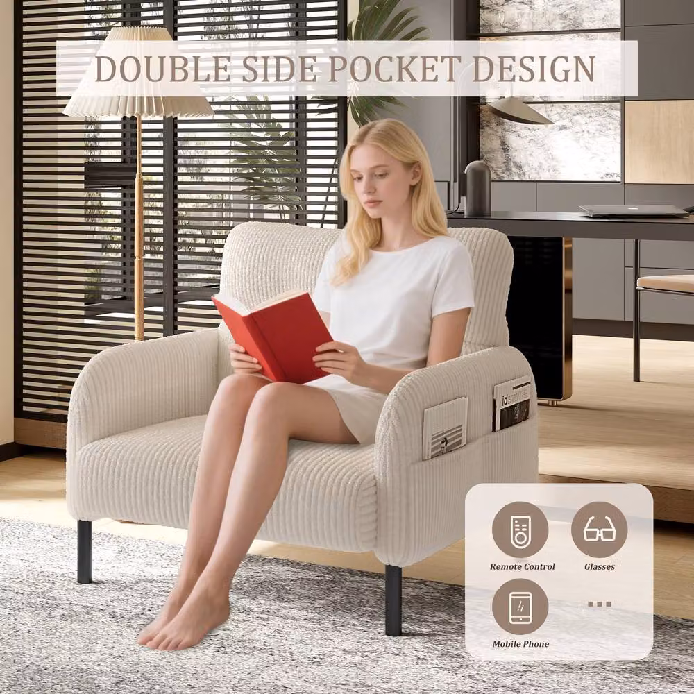 Matteo Modern Corduroy Single Armchair in Beige with Solid Wood Frame – 2