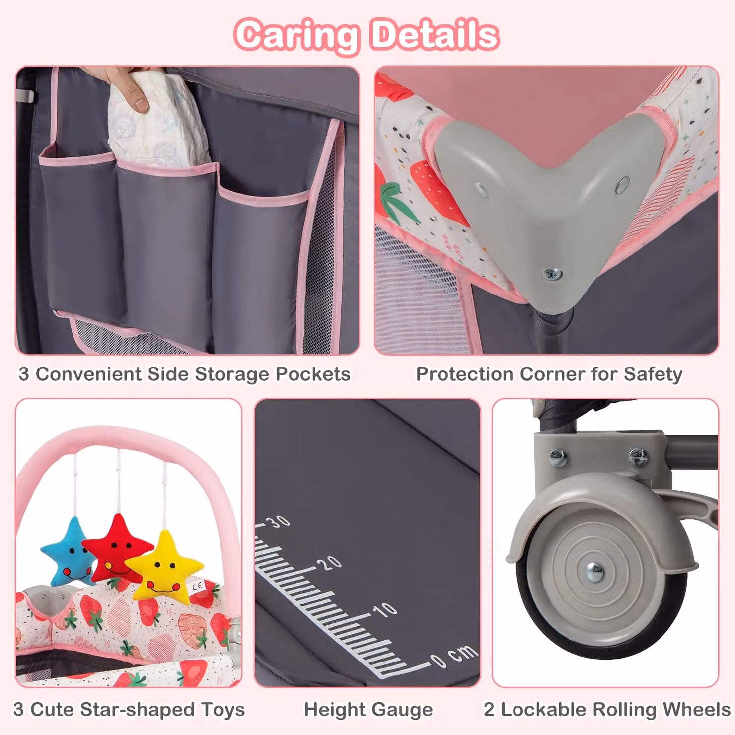 Gymax 4 in 1 Folding Infant Nursery Center Playard with Toy Bar in Pink – 5