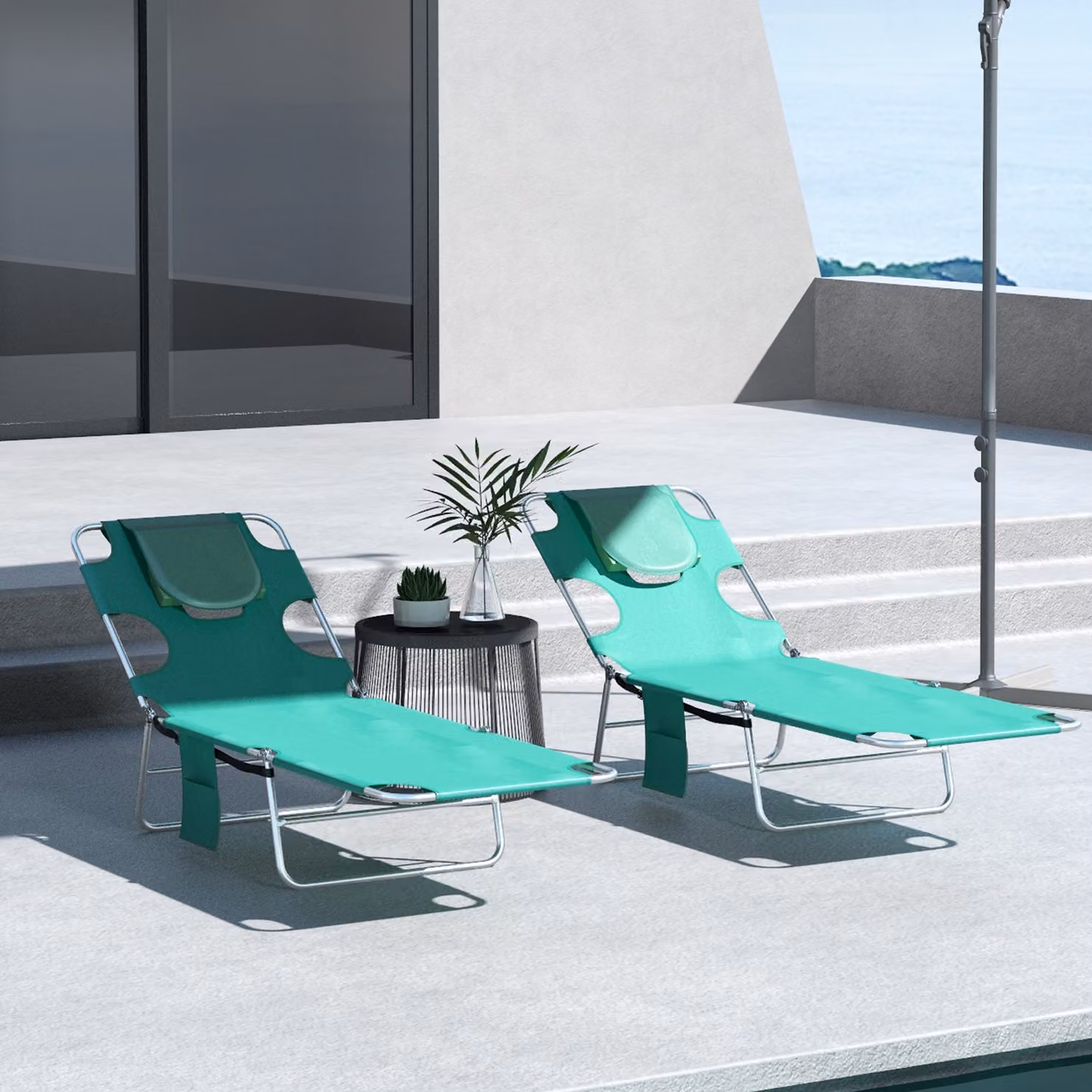Outsunny Set of 2 Foldable Sun Loungers in Turquoise with 5-Level Adjustable Backrest and Reading Hole – 2