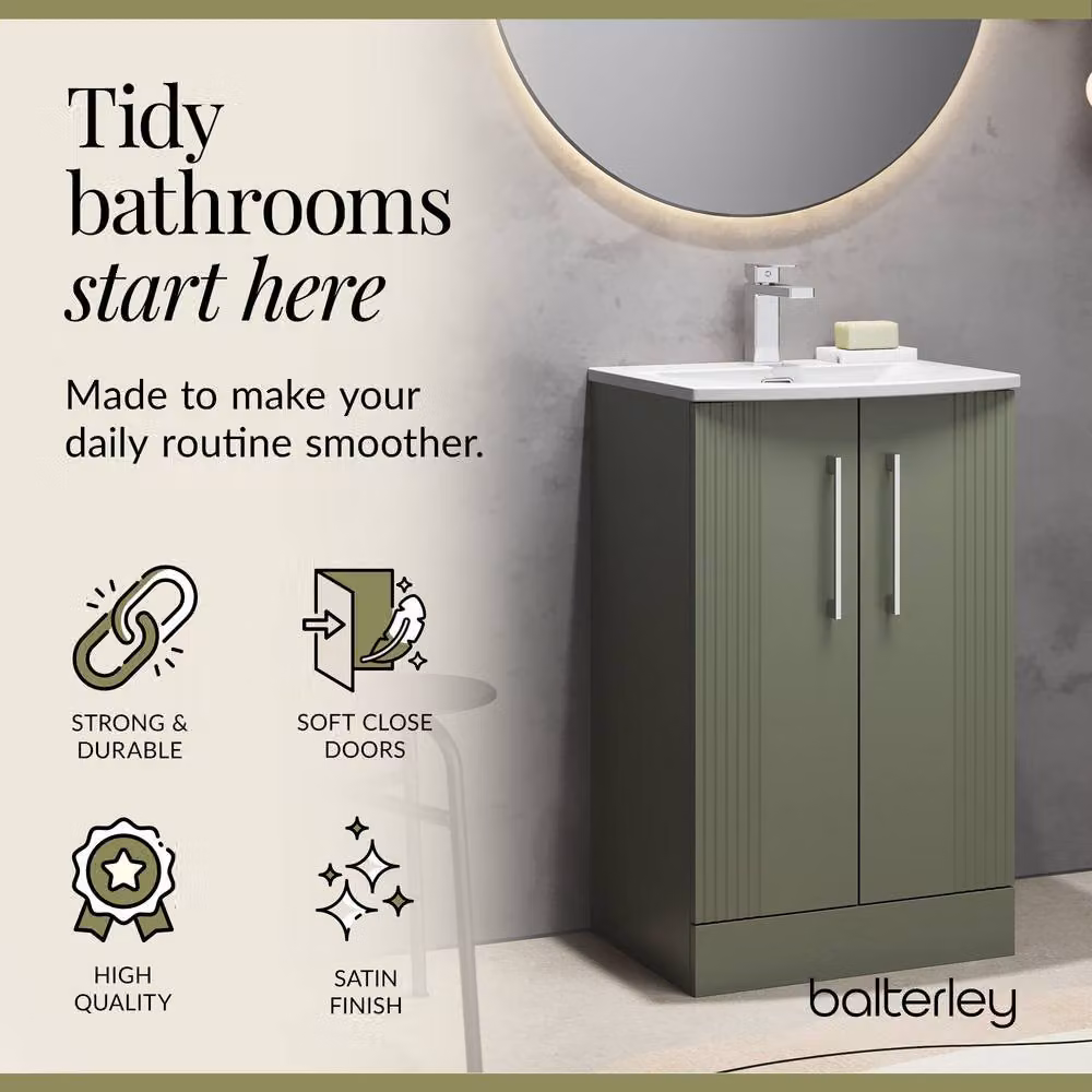 Balterley 2 Door Floor Standing Bathroom Vanity Unit with Curved Basin, Satin Green – 3