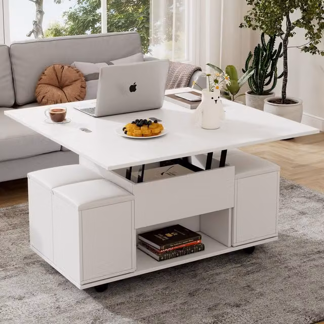 Aosom UK Modern White Height-Adjustable Lift-Up Coffee Table with Hidden Storage and Hydraulic Mechanism – 1