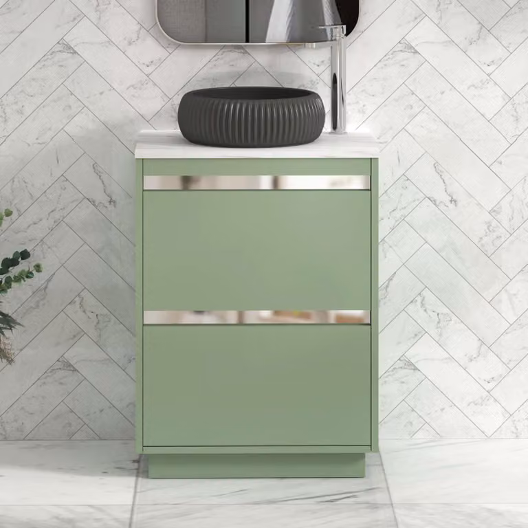 Royal Bathrooms Orion 600mm Mint Sage Floor Standing Countertop Vanity Unit with 2 Drawers, Milan Black Basin and Chrome Accent Trim