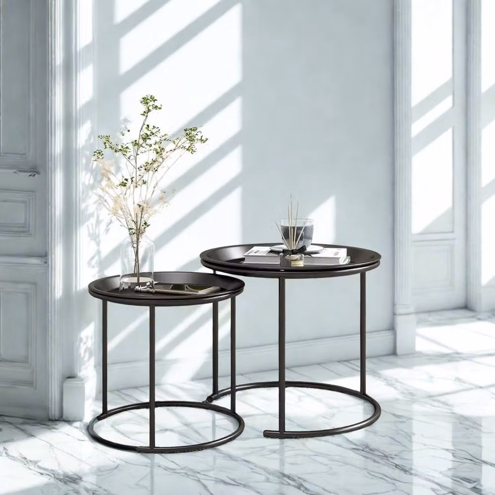 FURNOS Set of 2 Modern Round Metal Nesting Side Tables in Black – 2