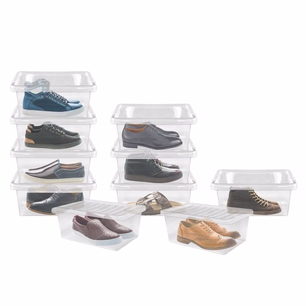Simpa Set of 10 Stackable Transparent Plastic Shoe Storage Boxes with Lids, 12L, H 15cm x W 24.5cm x L 37cm
