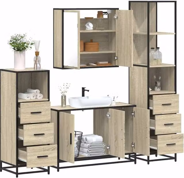 Berkfield Home 4-Piece Industrial Bathroom Furniture Set in Sonoma Oak and Brown