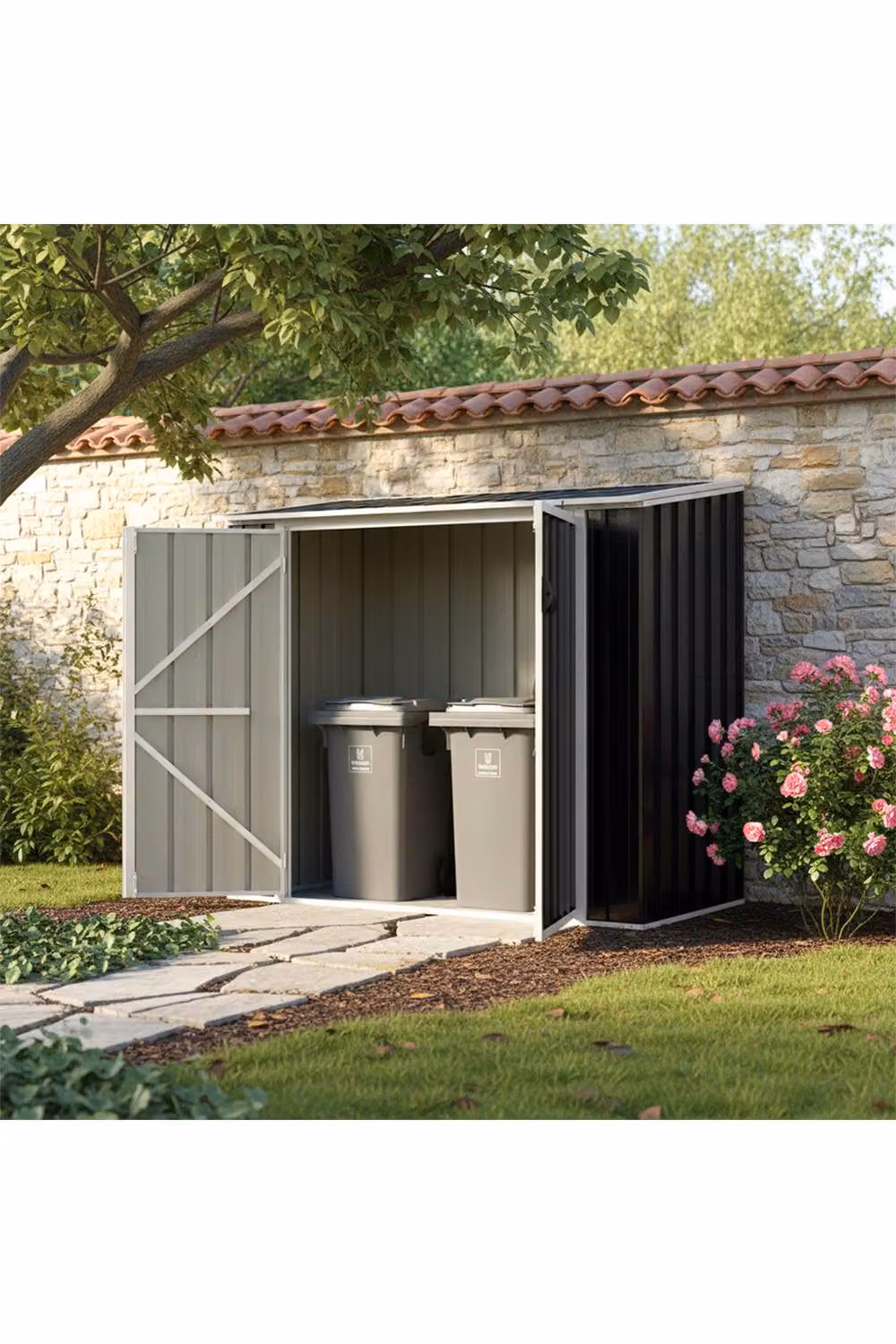 Living and Home Metal Outdoor Rubbish Bin Storage Shed in Grey – 3