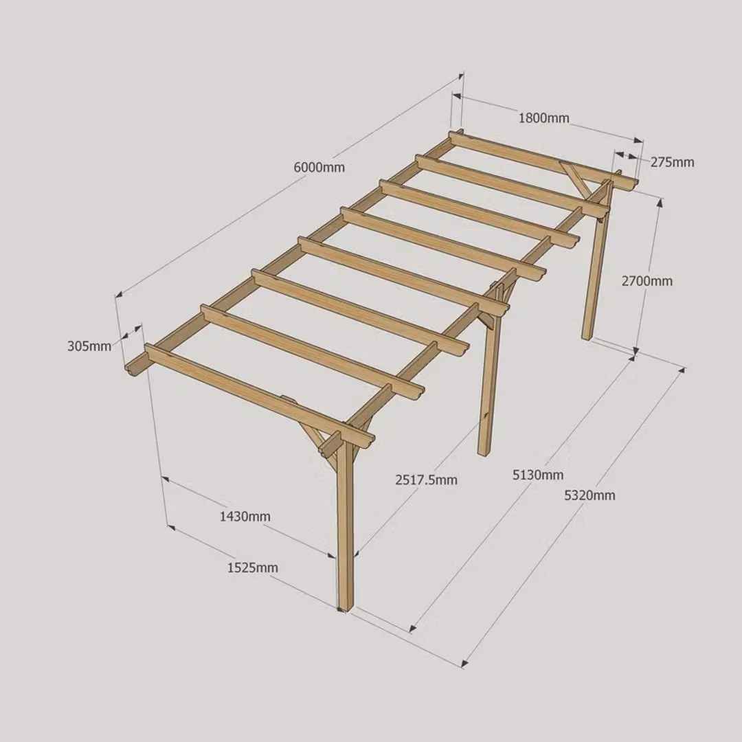 Rutland County Garden Furniture Ltd Wall Mounted Rustic Wood Lean-to Garden Pergola, Brown, W: 600 cm, D: 180 cm, H: 270 cm – 3