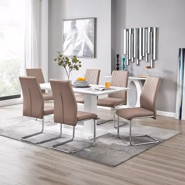 FurnitureboxUK Imperia High Gloss Rectangular Dining Table and 6 Lorenzo Dining Chairs Set in Cappuccino Brown and Beige