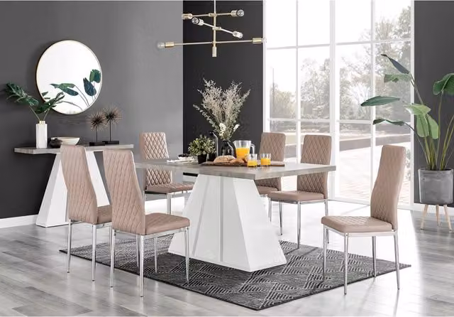 FurnitureboxUK Athens Grey Concrete Kitchen Dining Table and 6 Milan Chrome Leg Chairs in Cappuccino