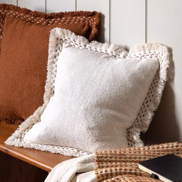 Terrys Square Cotton Filled Cushion in Beige and White, W/D/H: 45 x 45 x 45 cm
