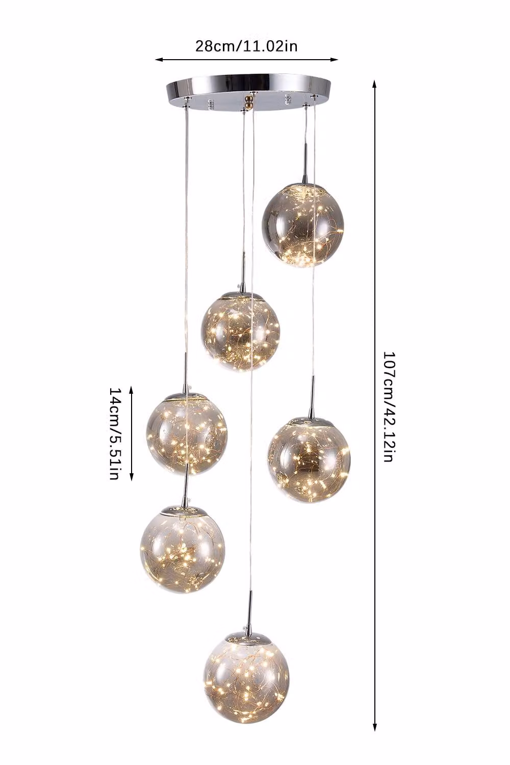 Living and Home Modern Six-Head LED Pendant Light Chandelier in Silver with Transparent Glass Spheres – 2
