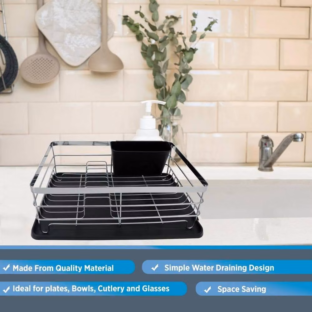 Top 3 Black Metal Kitchen Dish Rack Drainer with Utensil Holder and Removable Drip Tray, W: 44.0 cm, D: 32.0 cm, H: 14.5 cm – 4