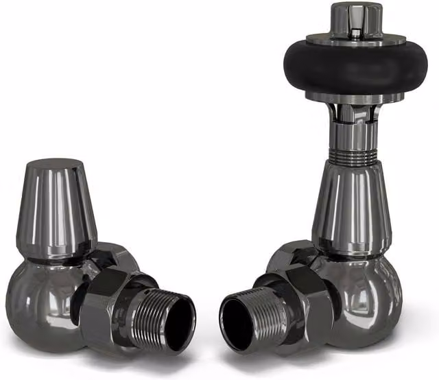 UK Radiators Signature Wooden Head Black Nickel Thermostatic Radiator Valve and Lockshield Angled Set