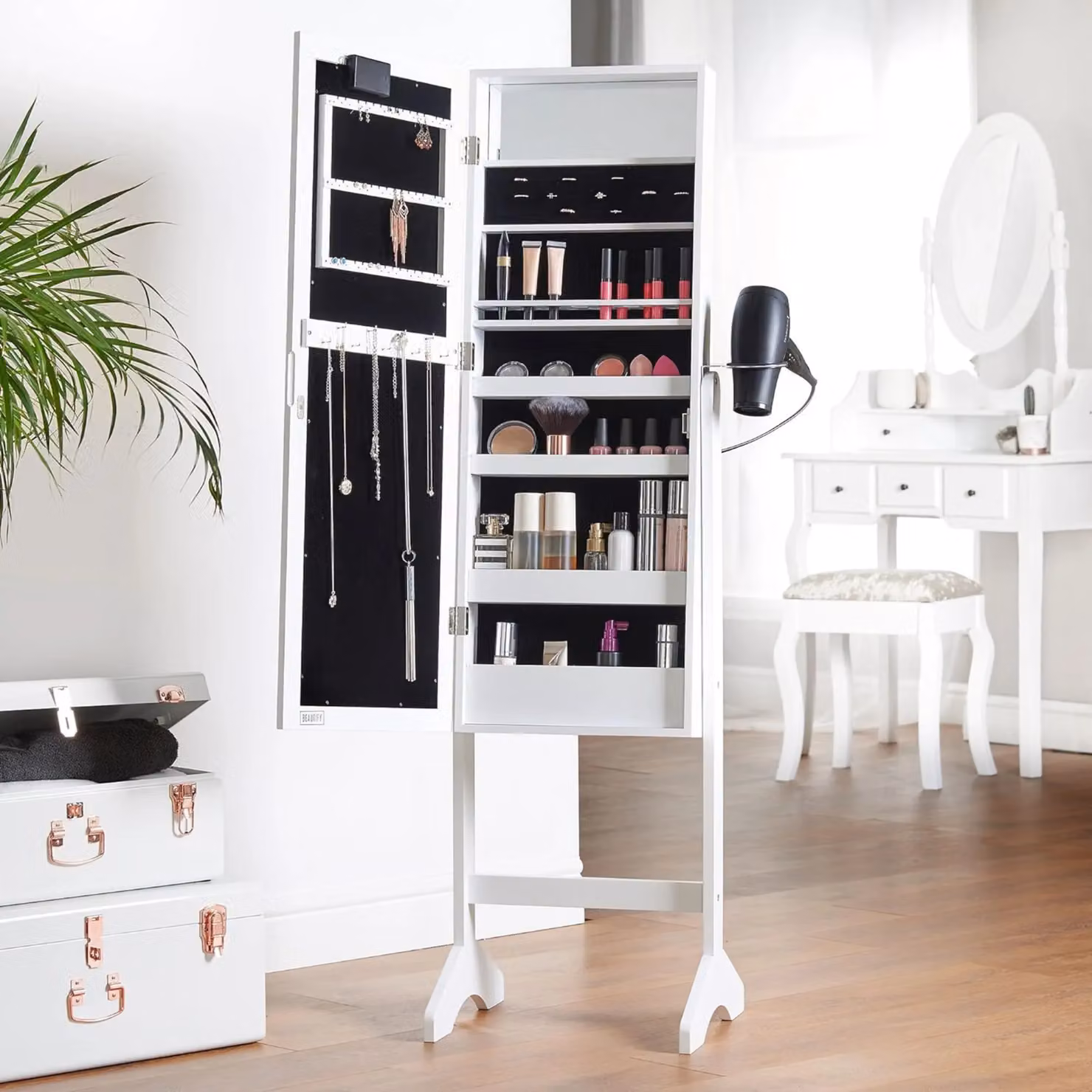 Beautify White Free Standing LED Jewellery Cabinet Armoire with Internal Shelves and Mirror H: 145.0 cm, W: 51.0 cm, D: 36.5 cm – 2