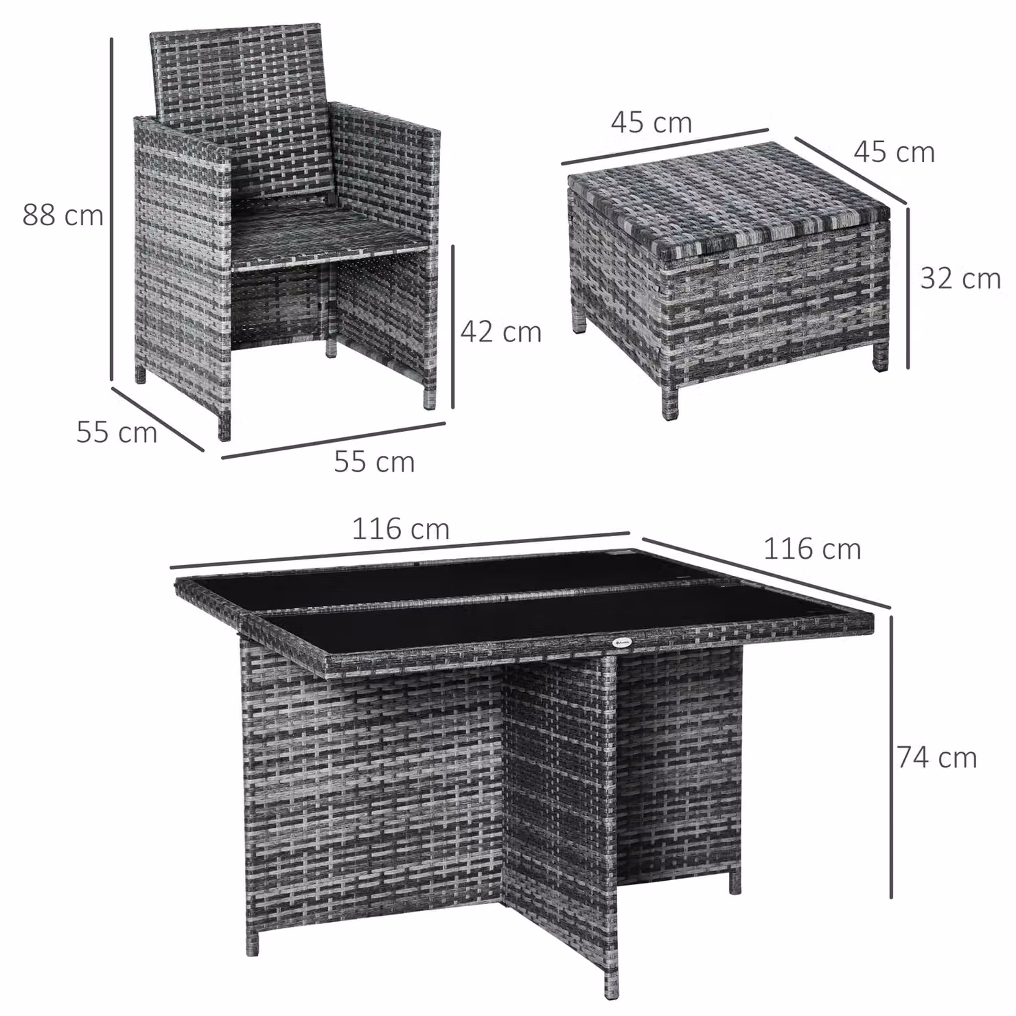 Outsunny 9 Piece Grey Polyrattan Garden Dining Set with Glass Top Rectangular Table – 4