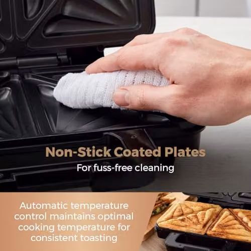 Tower Deep Filled Sandwich Maker with Non-Stick Coated Plates and Auto Shut-Off, 900W, Gold or Black – 4