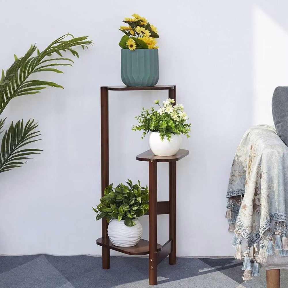NESTLUNE Brown 3 Tier Bamboo Corner Plant Stand, H 100 cm x W 15 cm x D 15 cm – 4