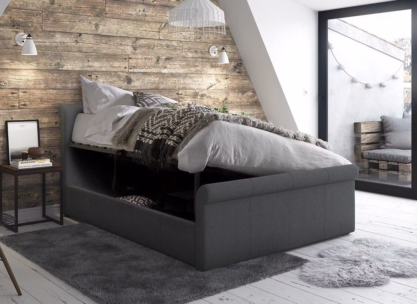 Dreams Wilson Grey Fabric Upholstered Ottoman Bed Frame with Lift Up Base